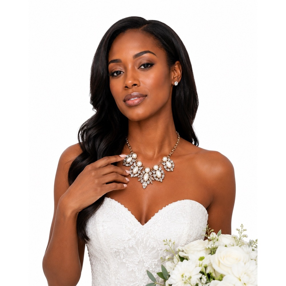 Faux Pearl Crystal Bib Necklace Gold Tone Bridal Chic Formal Jewelry 103-170